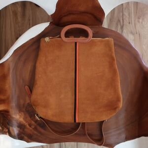 Clare V. Marcelle Backpack in Camel Suede w/Navy & Red Stripes